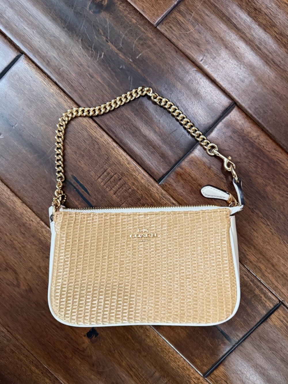 COACH Tan Woven Wristlet with Gold Chain Strap